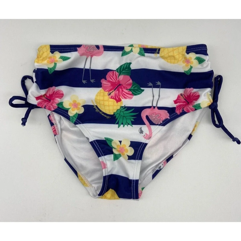 Tommy Bahama Swim Girls Sz 7/8 Bikini Bottom Navy Striped Flamingo Pineapple Tie
